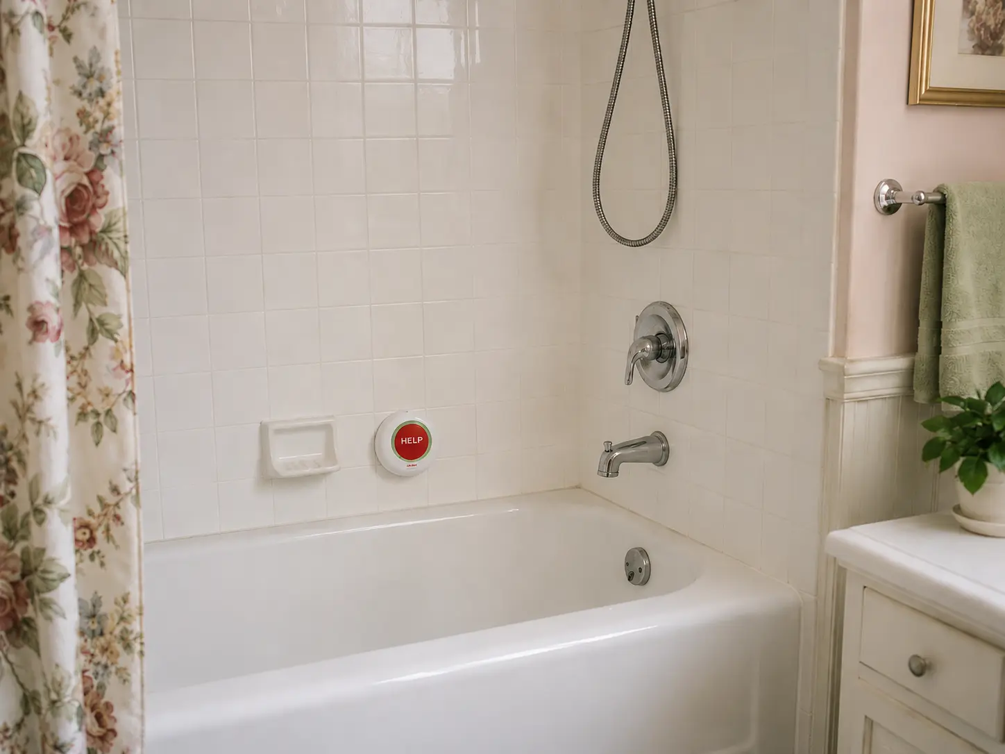 Life Alert Shower HELP Button mounted near bathtub for 24/7 waterproof bathroom protection