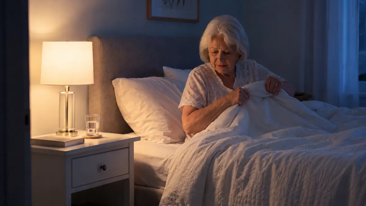 Older woman awake in bed at night beside a lit bedside lamp