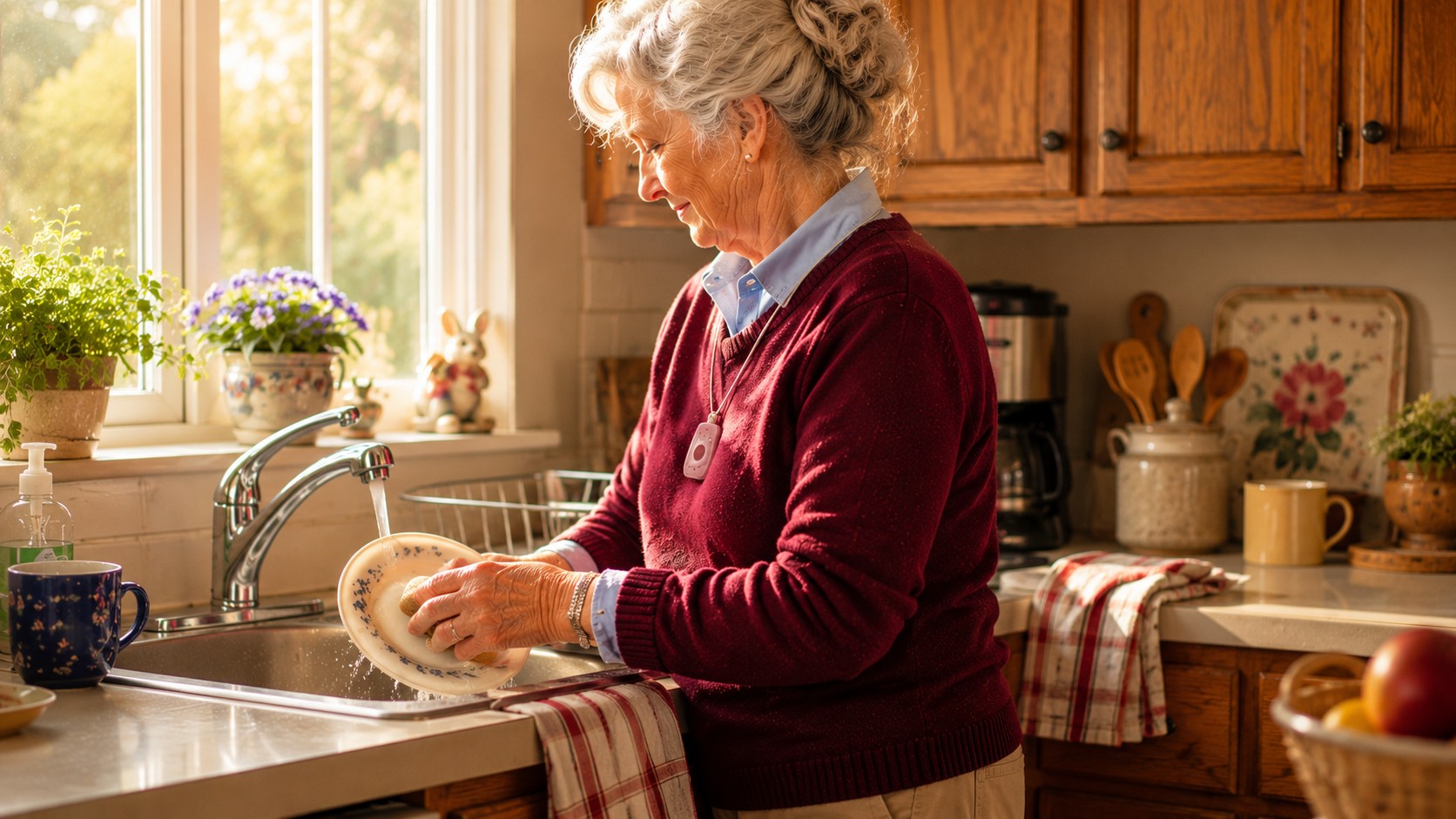 Senior living independently at home with a medical alert system that requires minimal daily management