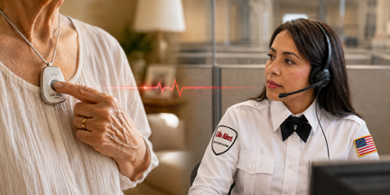A senior presses a Life Alert pendant and connects directly with a trained dispatcher.