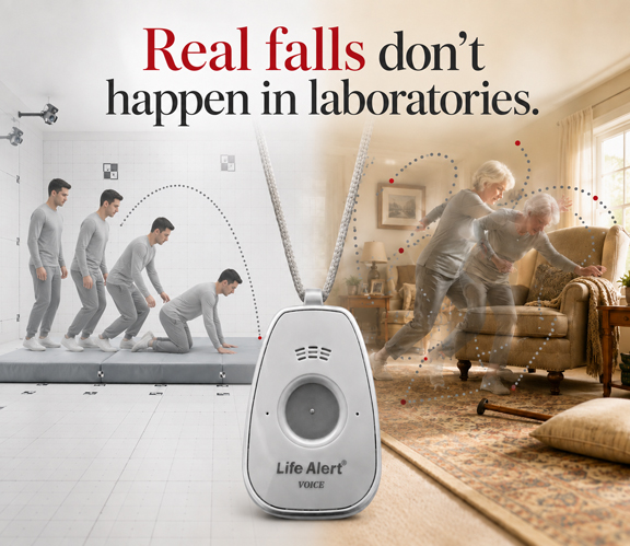 Laboratory fall simulation compared with an unpredictable fall at home, with a Life Alert pendant in the foreground.