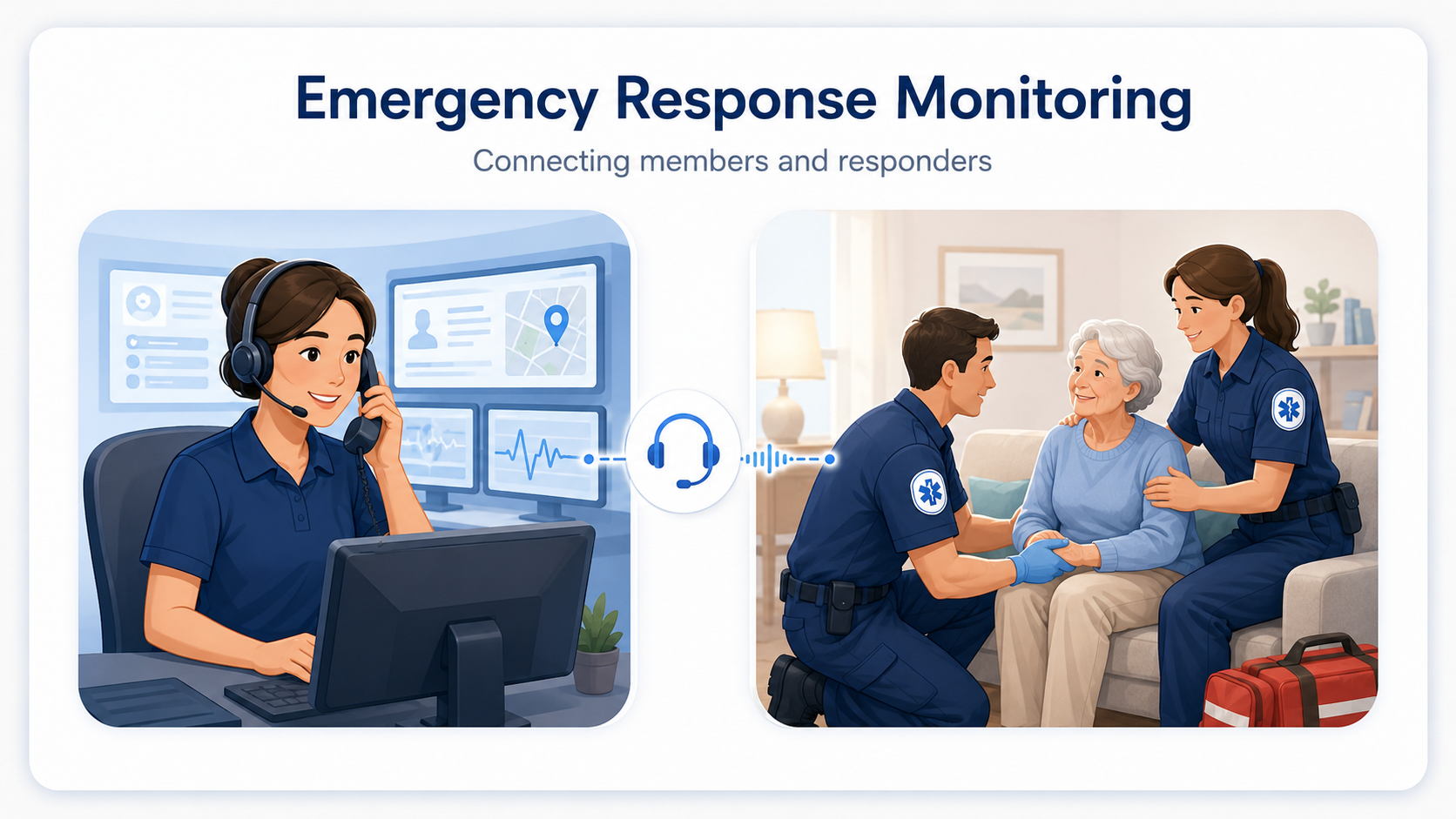 Life Alert dispatcher staying connected with a member while paramedics provide assistance at home