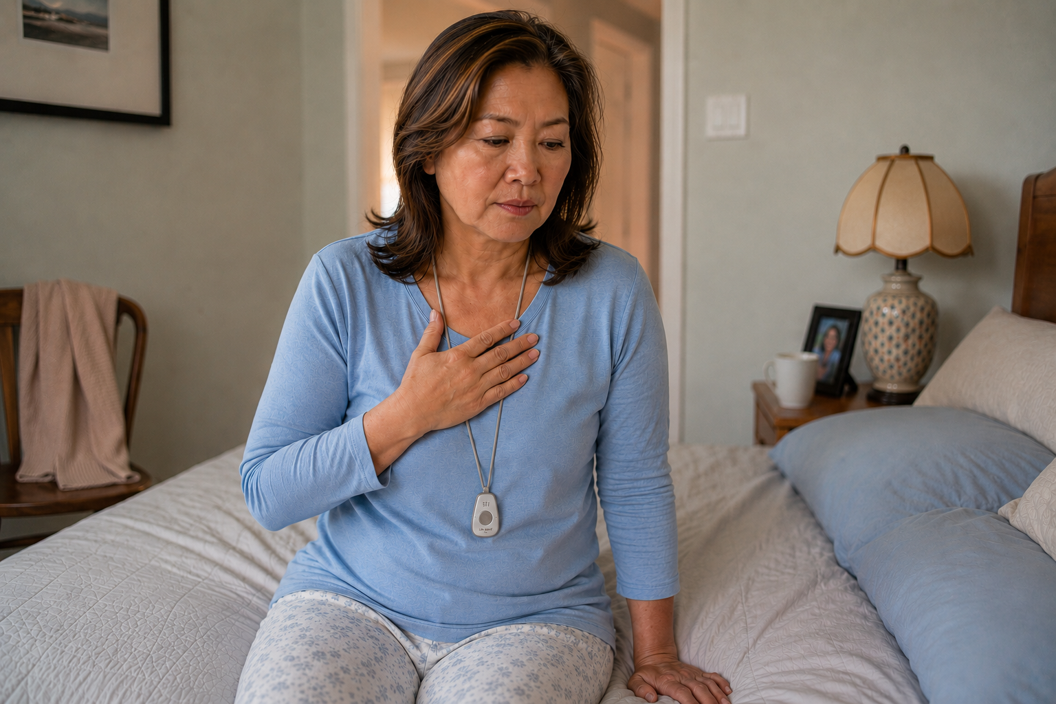 Woman sitting on the edge of her bed with her hand on her chest, wearing a Life Alert pendant — prepared for cardiac symptoms at home