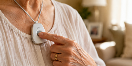 Close-up of a senior pressing the button on a Life Alert emergency pendant.